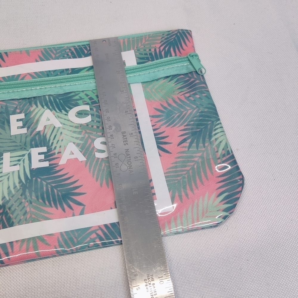 "Beach Please" Makeup Bag Palm Tree Leaf Pink Canvas Zipper Top & Clear Pocket - Picture 3 of 12